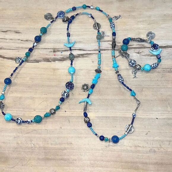 Oriental Long Neckless And BraceletSet With Dragonfly, Birds, Fish, Flowers - Picture 1 of 9